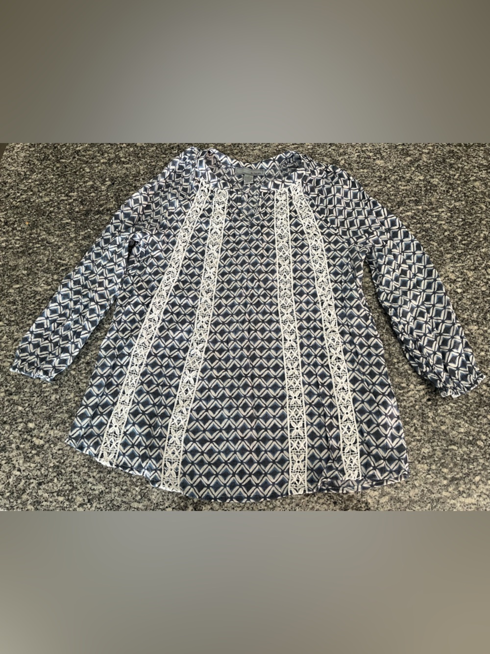 Navy Geometric Lace-Panel Long-Sleeve Tunic